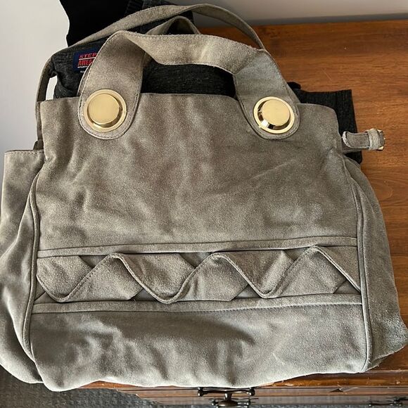 Gustto suede handbag with gold accents. Gray - Picture 1 of 8